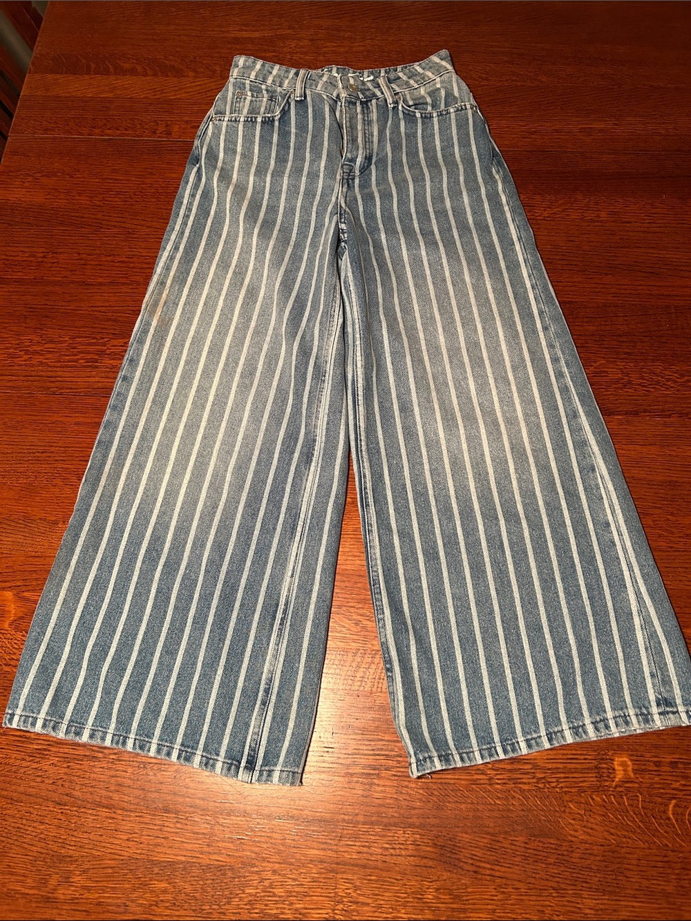 We The Free Vertical Stripe Wide-Leg Jeans in Blue and White